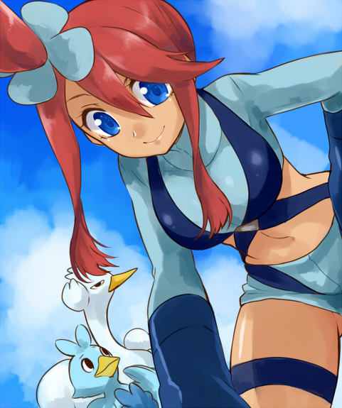 1girl bangs bent_over blue_eyes blue_sky ducklett fuuro_(pokemon) gloves gym_leader hair_ornament irouha looking_at_viewer looking_down midriff navel payot pokemon pokemon_(game) pokemon_bw pokemon_bw2 red_hair shorts sidelocks sky smile suspenders swanna swept_bangs