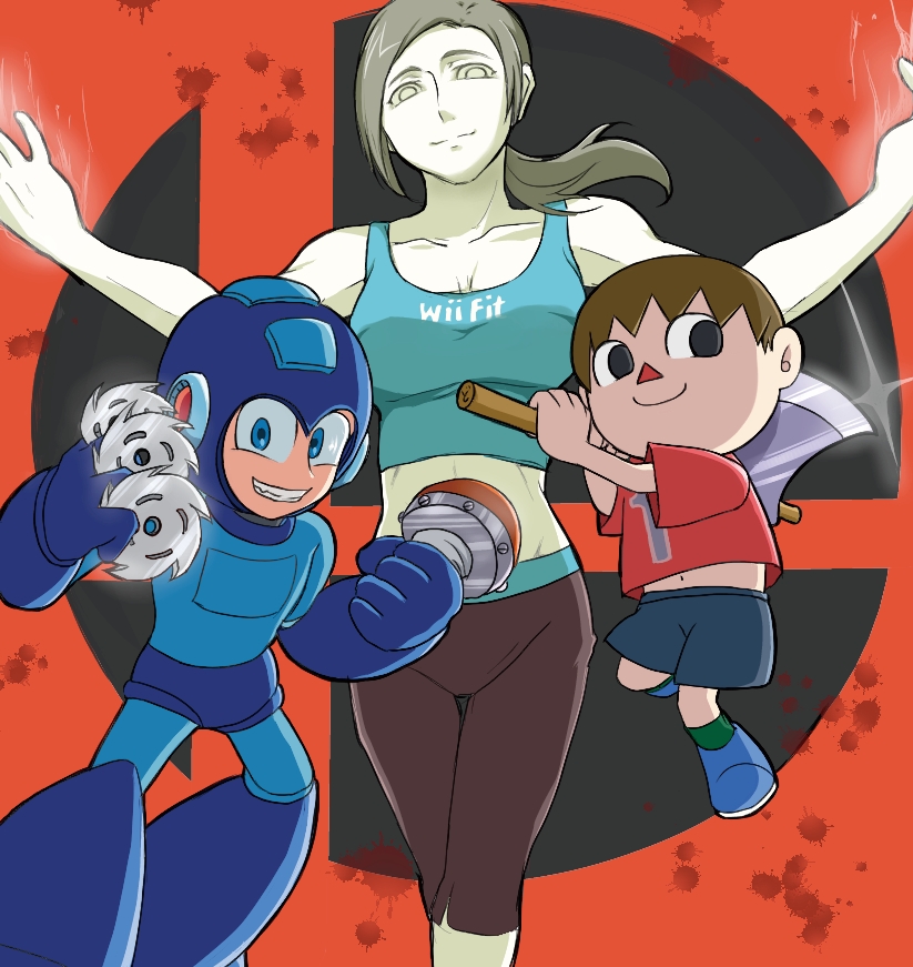 1girl 2boys android aura axe bare_shoulders blood blood_stain breasts capcom capri_pants cleavage clothes_writing doubutsu_no_mori female grey_eyes grey_hair grin large_breasts long_hair midriff multiple_boys nintendo pants ponytail rockman rockman_(character) rockman_(classic) sankamitsuki saw shirt shorts smile spandex super_smash_bros. t-shirt tank_top trainer_(wii_fit) villager_(doubutsu_no_mori) weapon white_skin wii_fit wii_fit_trainer you_gonna_get_raped