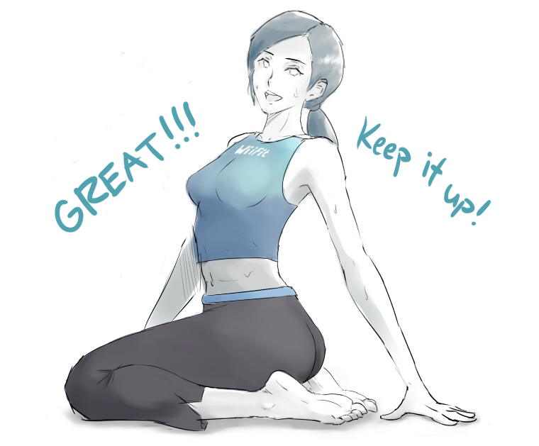 1girl barefoot breasts capri_pants clothes_writing english exercise feet female grey_hair keving0d kneeling long_hair looking_at_viewer midriff navel pants ponytail seiza sitting smile soles solo super_smash_bros. sweat tank_top toes trainer_(wii_fit) white_skin wii_fit wii_fit_trainer