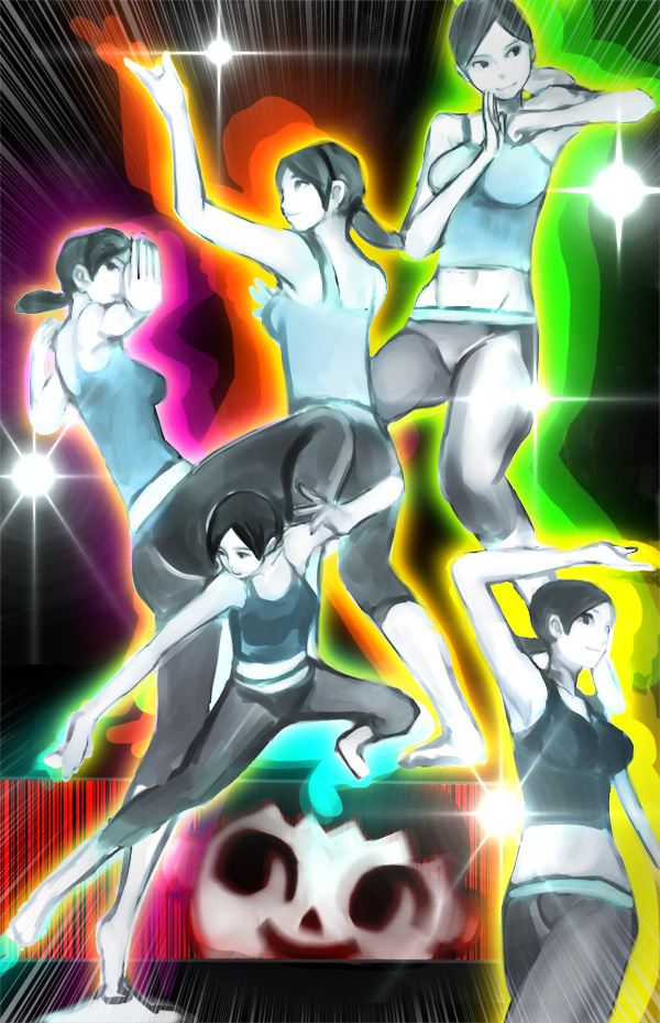 1girl awesome_face black_hair breasts capri_pants doubutsu_no_mori female fighting_stance final_smash haou_airen large_breasts long_hair meme midriff navel pants parody ponytail smile solo_focus spandex super_smash_bros. tank_top trainer_(wii_fit) villager_(doubutsu_no_mori) white_skin wii_fit wii_fit_trainer