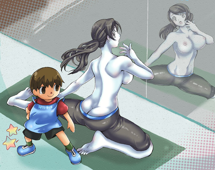 1boy 1girl ass barefoot black_hair blush breasts butt_crack capri_pants clothes_thief clothes_writing crossover doubutsu_no_mori embarrassed female grey_eyes large_breasts long_hair mirror navel nipples pants ponytail reflection shirt smile spandex stretch sunasu-tamako super_smash_bros. surprised t-shirt tank_top theft topless trainer_(wii_fit) villager_(doubutsu_no_mori) white_skin wii_fit wii_fit_trainer