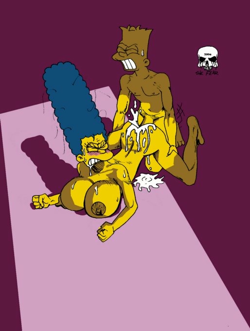bart_simpson big_breasts blue_hair breasts cum cum_inside doggy_position hair huge_breasts marge_simpson sex the_fear the_simpsons yellow_skin