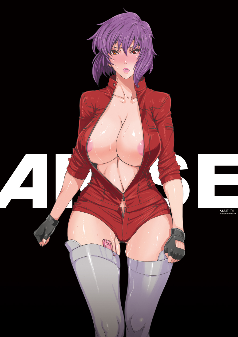 1girl areola areolae blush breasts cleavage coat curvy fei_(maidoll) fingerless_gloves ghost_in_the_shell ghost_in_the_shell_arise gloves grey_legwear high_res highres huge_breasts kusanagi_motoko lips motoko_kusanagi navel open_clothes open_coat purple_hair red_eyes short_hair sleeves_pushed_up solo stockings sweat thighhighs unzipped vibrator vibrator_in_thighhighs wide_hips