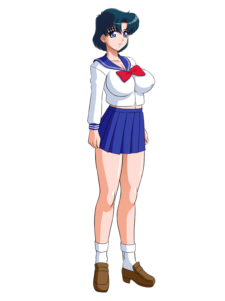 1girl ami_mizuno big_breasts bishoujo_senshi_sailor_moon blue_eyes blue_hair blue_skirt breasts clothed earrings female female_only glamour_works hair looking_at_viewer mizuno_ami sailor_mercury sailor_moon school_uniform shoes short_hair skirt socks solo standing transparent_background white_socks