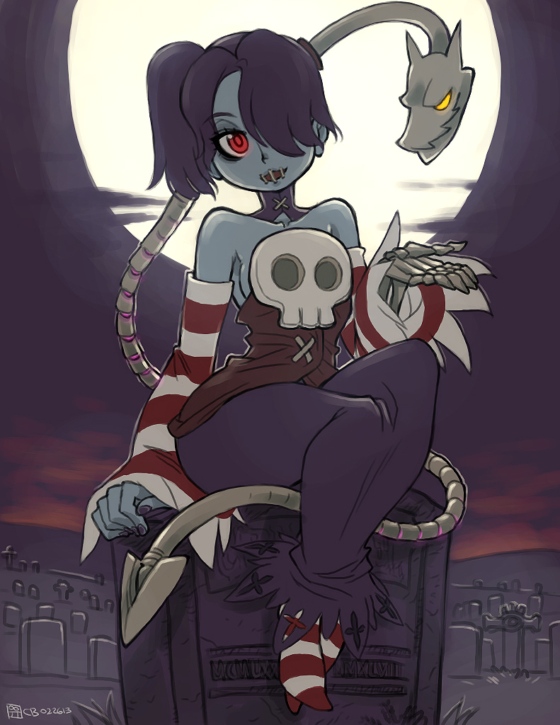 1girl bare_shoulders blue_hair blue_skin breasts crybringer detached_sleeves dress grave graveyard hair_over_one_eye jason_robinson leviathan_(skullgirls) monster_girl red_eyes side_ponytail sienna_contiello skull skullgirls smile squigly_(skullgirls) stitched_mouth yellow_eyes zombie