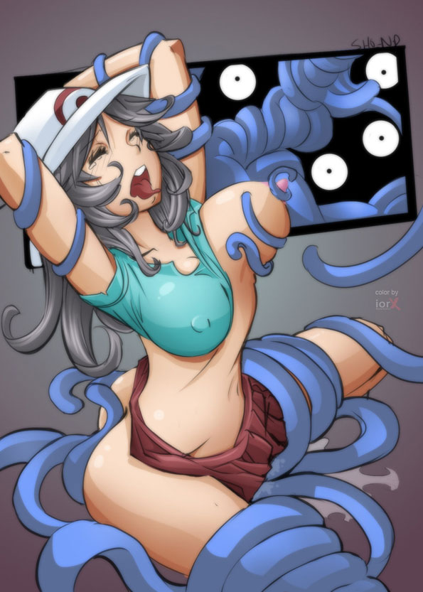 1girl arms_up ass big_breasts blue_(pokemon) breast_slip breasts closed_eyes covered_nipples erect_nipples female_ejaculation female_orgasm hair hat headgear large_breasts long_hair nipples no_bra no_panties one_breast_out orgasm pokemon pokemon_(game) pokemon_frlg pokemon_special porkpie_hat pussy_juice restrained sho-n-d silver_hair skirt tangela tears tentacle tentacles tongue tongue_out