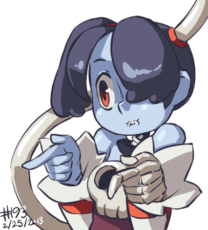 1girl animated animated_gif ass ass_shake bare_shoulders black_hair blue_skin chuunibyou_demo_koi_ga_shitai! dancing dated gif hair_over_one_eye huge_ass junkpuyo leviathan_(skullgirls) lowres parody red_eyes short_hair sienna_contiello simple_background skull skullgirls smile solo sparkling_daydream squigly_(skullgirls) stitched_mouth white_background zombie