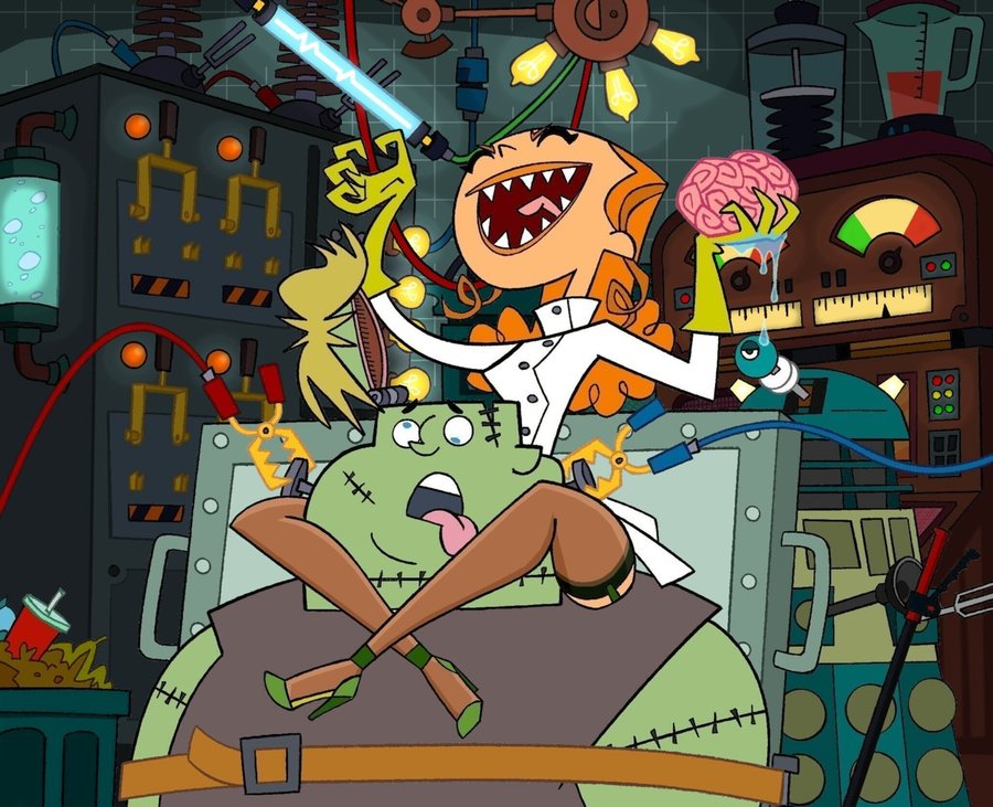 brain breasts cartoon_network curly_hair frankenstein's_monster green_eyes hourglass_figure izzy_(tdi) navel orange_hair owen_(tdi) sharp_teeth stitched stitched_together thick_ass thick_legs thick_thighs total_drama_island