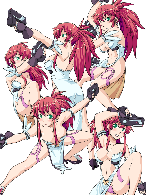 1girl akimbo bad_id bare_shoulders blush breasts character_sheet cleavage dual_wield dual_wielding earrings fingerless_gloves gloves green_eyes gun hands_on_hips haou_airen heart heart_maebari himeki_luna hinemosu hinemosu_notari jewelry large_breasts legs long_hair looking_at_viewer maebari no_bra one_eye_closed parody pelvic_curtain ponytail red_hair revealing_clothes simple_background smile solo vanguard_princess weapon white_background wink