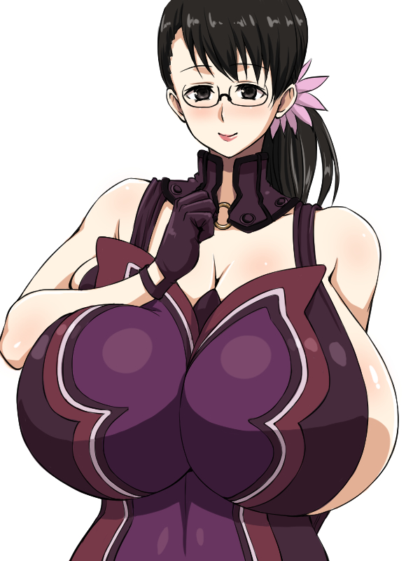 1girl black_hair breasts cattleya gigantic_breasts glasses inu1tou milf ponytail queen's_blade queen's_blade solo