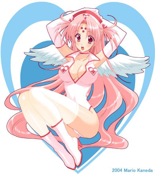 2004 angel boots breasts cleavage girls_bravo long_hair mario_kaneda miharu_sena_kanaka nurse pink_hair stockings thighhighs wings