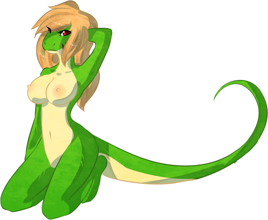 anthro breasts brown_hair lizard long_hair monitor_lizard nipples nude red_eyes reptile scalie shiny shiny_skin solo