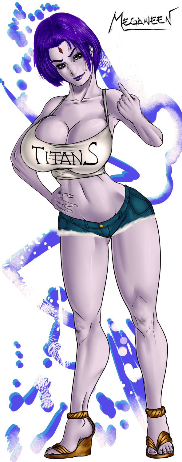 bare_shoulders big_breasts breasts cleavage come_hither cutoffs dc dc_comics denim_shorts hand_on_hip large_breasts lipstick looking_at_viewer makeup megaween midriff navel purple_eyes purple_hair raven_(dc) short_hair short_shorts shorts smile solo tank_top teen_titans