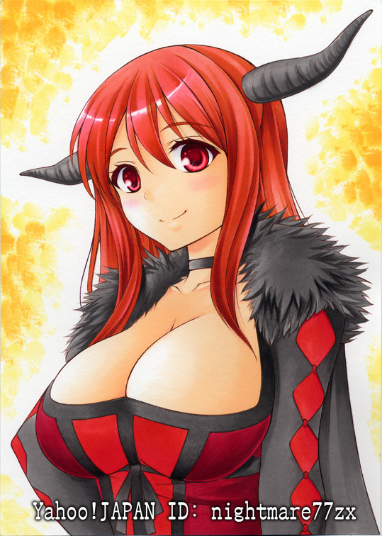 1girl argyle artist_name big_breasts breasts choker cleavage dress fake_horns fur_trim large_breasts long_hair maou_(maoyuu) maoyuu_maou_yuusha nightmare77zx red_eyes red_hair ribbon smile solo traditional_media