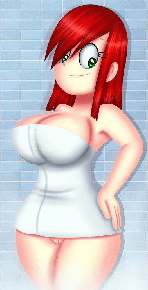 big_breasts breasts cleavage foster's_home_for_imaginary_friends frankie_foster green_eyes hairless_pussy innocenttazlet long_hair pussy red_hair shiny shiny_skin smile solo towel