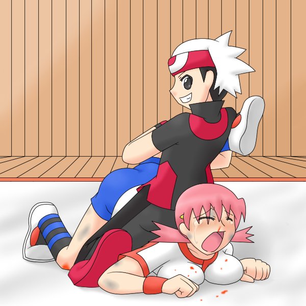 1boy 1girl akane_(pokemon) beaten blood breasts bruise closed_eyes defeated fighting gym_leader hair humiliation injury large_breasts nosebleed pain pink_hair pokemon ruby_(pokemon) screaming shoes sneakers submission tears thighs uujiteki-33 wrestling