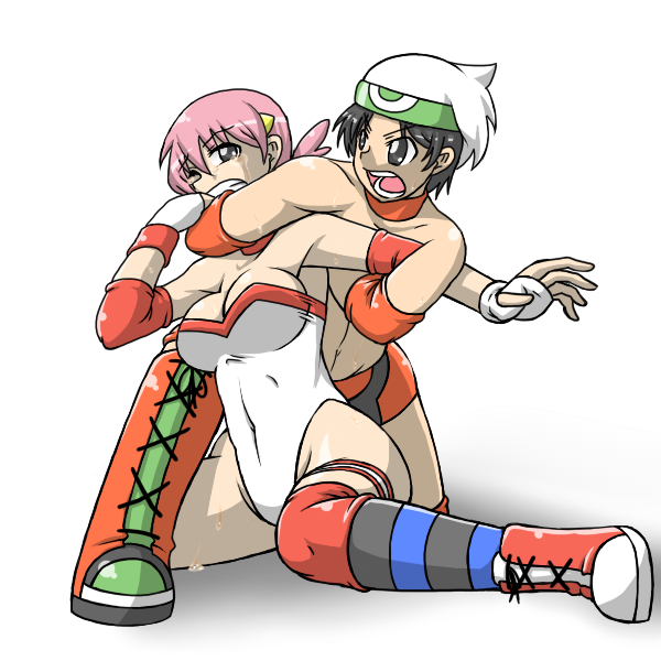 1boy 1girl akane_(pokemon) big_breasts black_hair breasts chokehold cleavage clenched_teeth fighting gloves gym_leader hairband large_breasts multicolored_hair navel pain pokemon ruby_(pokemon) shoes sneakers submission sweat tears teeth thighs two-tone_hair uujiteki-33 white_hair wrestling wrestling_outfit