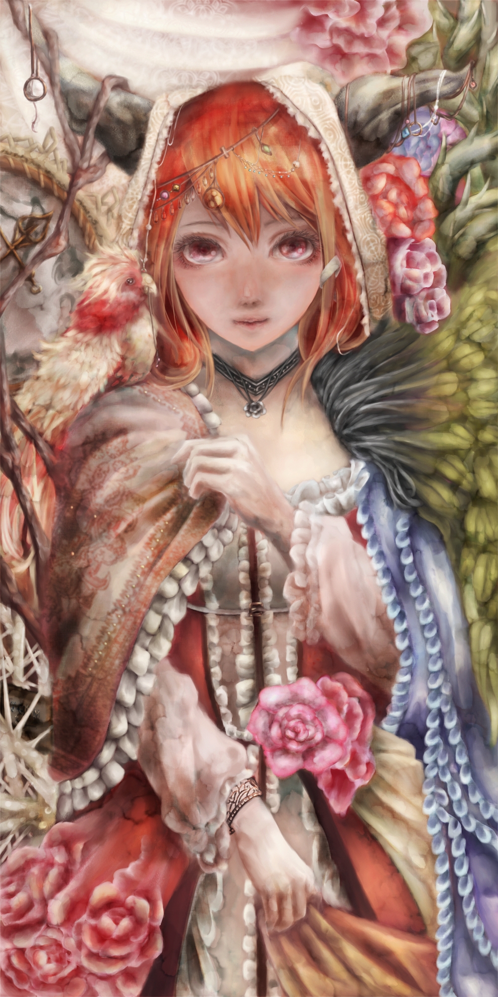1girl bird bracelet cloth clothes_grab eyelashes flower frills high_res highres hogecomhoge hood horns jewelry looking_at_viewer maou_(maoyuu) maoyuu_maou_yuusha necklace orange_hair parrot red_eyes rose solo