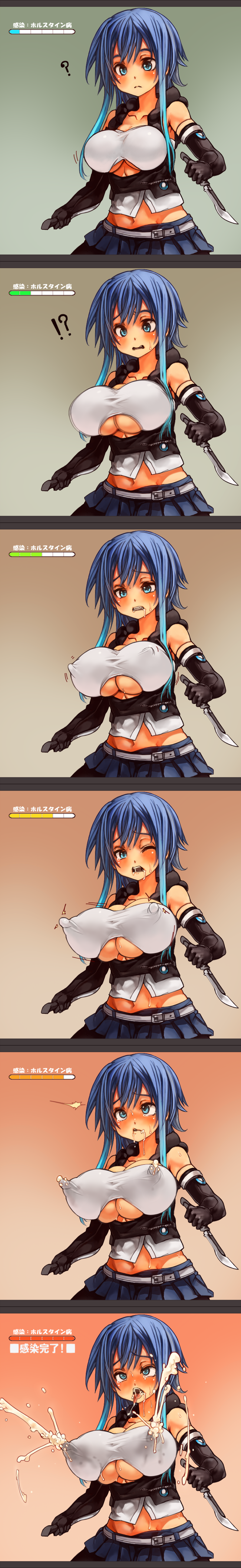 1girl absurdres big_breasts breast_expansion breasts erect_nipples highres huge_breasts lactation large_breasts long_image sachito sequential solo tall_image