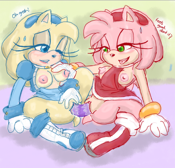 1girl 2_girls amy_rose biting biting_lip blush breast_squeeze breasts clothing dialogue dildo dildo_in_pussy double_dildo dress duo english female/female female_only insertion lip_biting mannequinkitty maria_robotnik multiple_girls nipples nude one_eye_closed pussy pussy_juice sega sex_toy sonic sonic_the_hedgehog_(series) sweatdrop tongue tongue_out vaginal_insertion vaginal_juices yuri