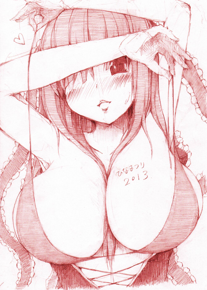 1girl armpits arms_up bad_id between_breasts big_breasts breasts cleavage cross-laced_clothes female hair_ribbon huge_breasts kagiyama_hina large_breasts looking_at_viewer monochrome morita morita_(moritania) necktie necktie_between_breasts parted_lips ribbon simple_background touhou white_background