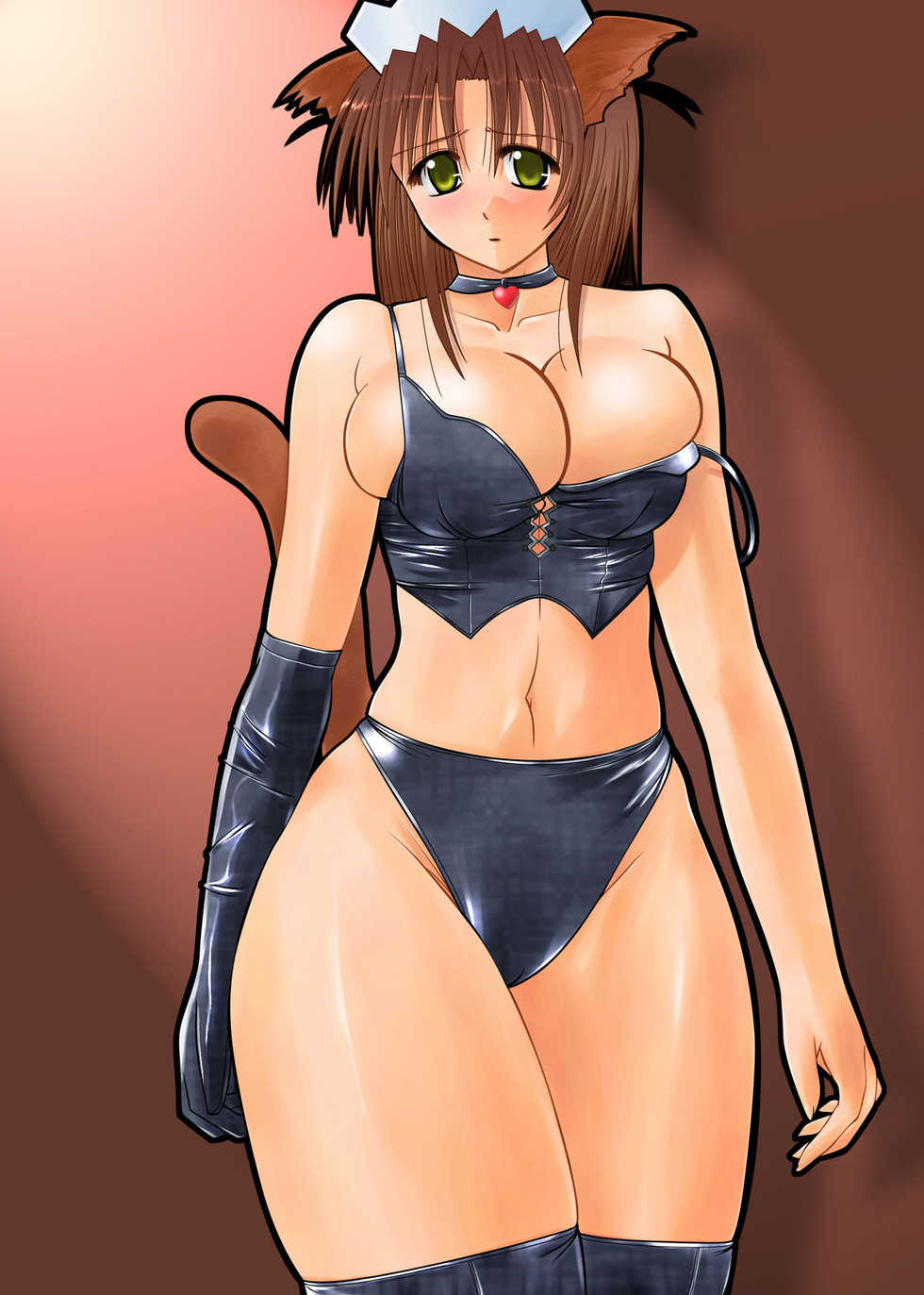 animal_ears animal_tail big_breasts blush breasts brown_hair choker cleavage digital_tambourine dog_ears elbow_gloves gloves headdress heart high_res highres hiiaru hips jewelry large_breasts latex latex_gloves leather midriff panties pendant single_glove solo standing stockings tail thighhighs thighs underwear yellow_eyes