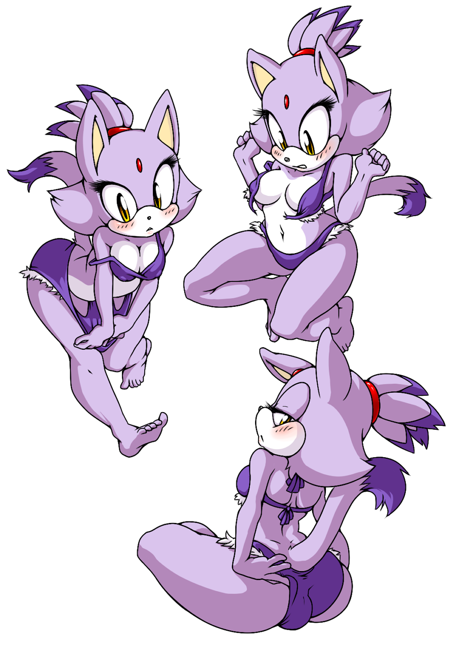 back bikini blaze_the_cat blush breasts cat clothing feline furry looking_at_viewer looking_back model_sheet navel pose sega skimpy sonic_(series) sonicboom53 striptease swimsuit tight_clothing torn_clothing