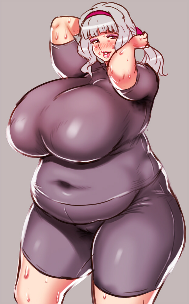 1girl armpit_stains arms_up belly blush bodysuit breasts cameltoe eyeshadow fat hairband hips huge_breasts lipstick long_hair makeup milf navel obese plump ponytail silver_hair skin_tight solo stain standing sweat sweatsuit thick_thighs thighs tight tight_clothes wide_hips yokkora