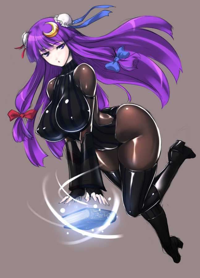 1girl alternate_costume big_breasts black_legwear bodysuit book boots bow breasts covered_nipples crescent crescent_hair_ornament double_bun erect_nipples female fingerless_gloves gloves hair_bow hair_bun hair_ornament huge_breasts large_breasts latex leotard long_hair looking_at_viewer patchouli_knowledge purple_eyes purple_hair rindou_(radical_dream) simple_background solo stockings thighhighs thighs touhou wide_hips
