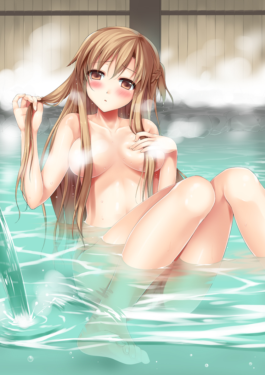 alluring asuna_(sao) barefoot bathing blush breasts brown_eyes brown_hair censored convenient_censoring covering covering_breasts feet female hair_over_breasts half_updo holding holding_hair hot_spring knees_together_feet_apart legs long_hair long_legs nude onsen partially_submerged sitting solo sousouman sword_art_online water wet