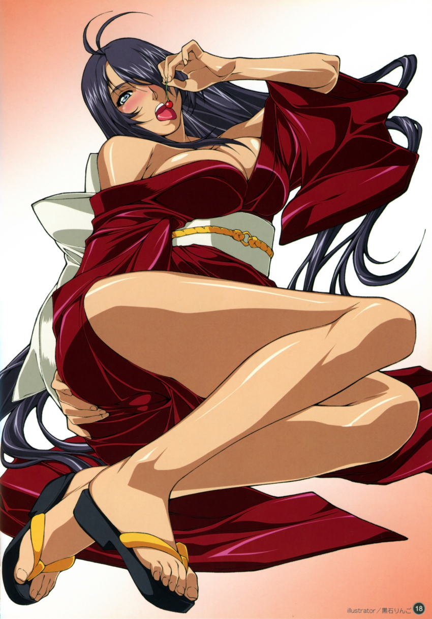 1girl ass bare_shoulders big_breasts black_hair blush breasts cleavage feet hair_over_one_eye high_res ikkitousen ikkitousen_great_guardians japanese_clothes kan'u_unchou kimono kuroishi_ringo legs long_hair lying open_mouth sandals solo tongue very_long_hair