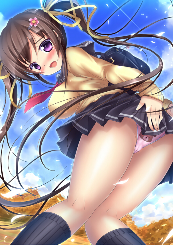 1girl :o bear_panties bear_print black_legwear black_skirt blue_sky blush breasts brown_hair cloud covering covering_ass d: day embarrassed embarrassing funny kneehighs kneepits looking_at_viewer looking_back mikan_(5555) open_mouth original outdoors panties pantyshot print_panties printed_panties purple_eyes skirt sky solo surprise surprised thighs twin_tails twintails underwear upskirt wind wind_lift