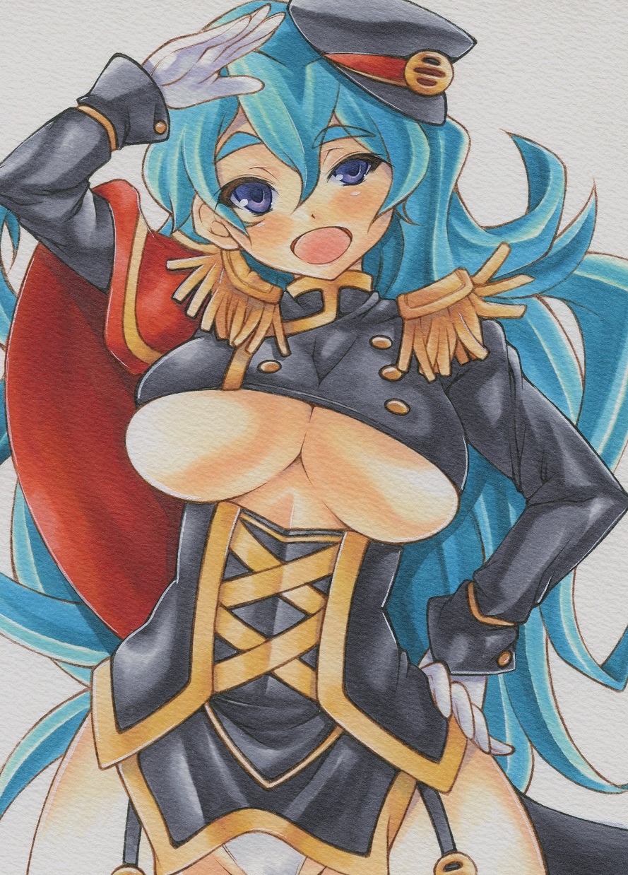 1girl aqua_hair blue_eyes breasts epaulettes eyebrows garter_straps gloves groin hand_on_hip hat high_res highres imagawa_yoshimoto_(sengoku_collection) large_breasts military military_uniform mound_of_venus open_mouth panties salute sengoku_collection simple_background smile solo traditional_media underboob underwear uneven_eyes uniform white_background white_panties yutakasan-love