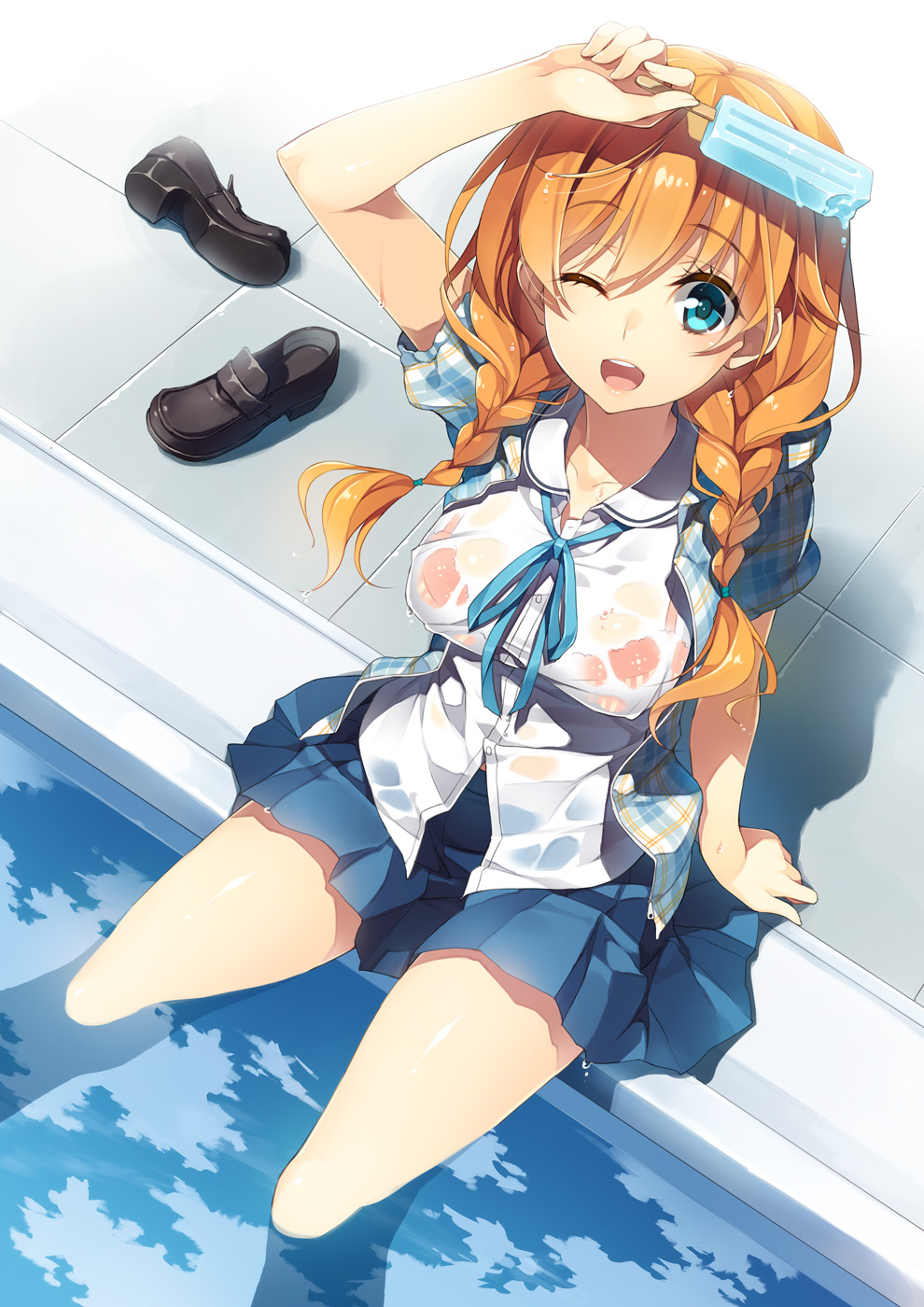 1girl ;d blue_eyes bra braid breasts brown_hair feet_in_water high_res highres legs loafers mmu one_eye_closed open_mouth original pool poolside popsicle red_bra school_uniform see-through shading_eyes shoes shoes_removed sitting skirt smile soaking_feet tiles twin_braids underwear water wet wet_clothes wink