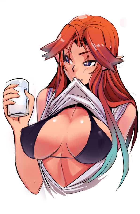 adult bare_shoulders big_breasts bikini_top blue_eyes blush bra breasts brown_hair bust cleavage cup glass gradient gradient_hair green_hair large_breasts lips long_hair malon milk mouth_hold multicolored_hair navel nintendo ocarina_of_time older pointy_ears shirt_lift sho-n-d sideboob simple_background solo the_legend_of_zelda the_legend_of_zelda:_ocarina_of_time underwear upper_body white_background
