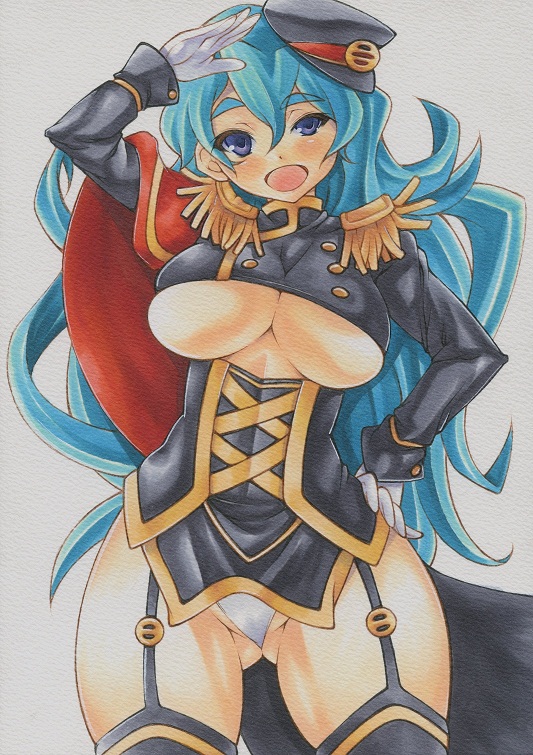 1girl aqua_hair blue_eyes breasts epaulettes eyebrows garter_straps gloves groin hand_on_hip hat high_res highres imagawa_yoshimoto_(sengoku_collection) large_breasts long_hair military military_uniform mound_of_venus open_mouth panties revealing_clothes salute sengoku_collection simple_background smile solo traditional_media underboob underwear uneven_eyes uniform white_background white_panties yutakasan-love