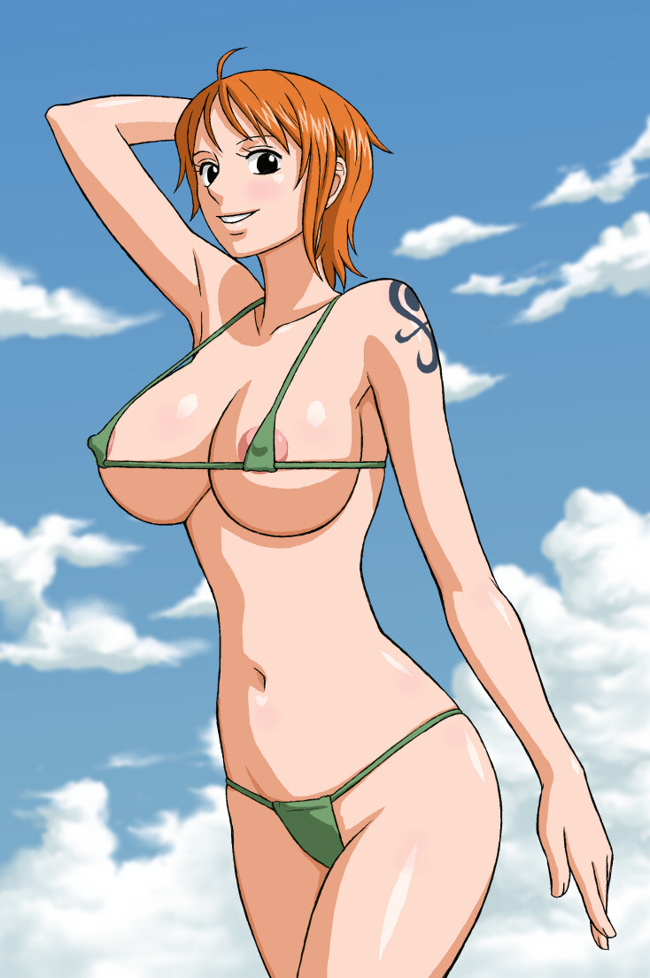 areola areola_slip areolae armpits arms_up bare_shoulders big_breasts bikini black_eyes breasts cloud erect_nipples large_breasts legs micro_bikini nami navel one_piece orange_hair pirate short_hair sky smile solo standing swimsuit tattoo x_bokkis
