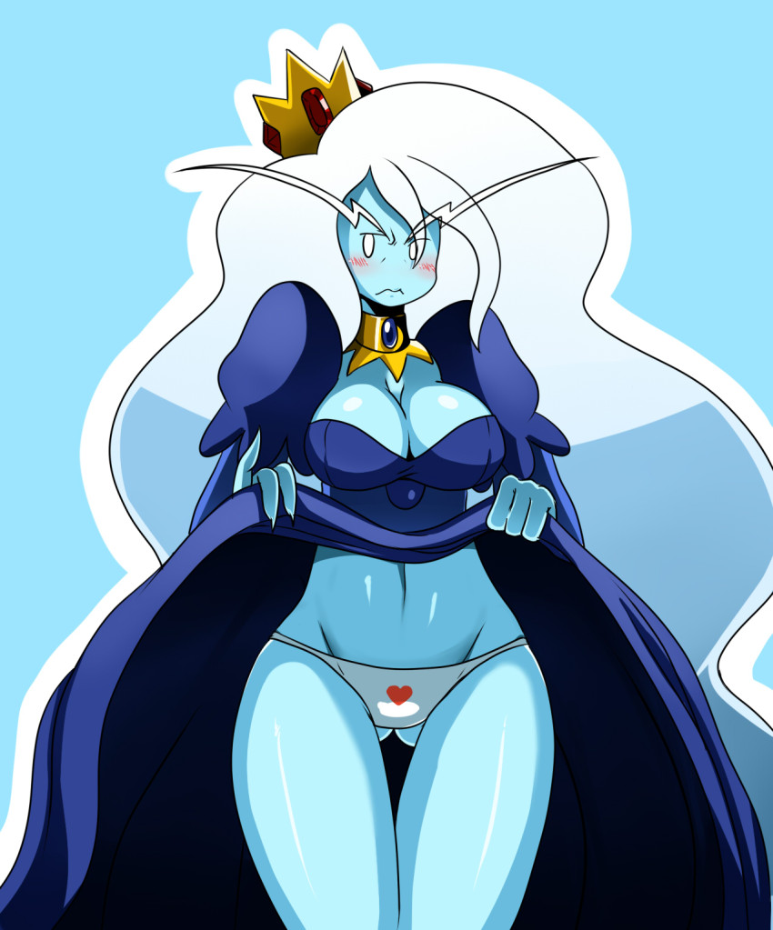 1girl adventure_time big_breasts blue_background blue_skin blush breasts cleavage crown curvy dress dress_lift eyebrows frown heart high_res ice_queen jewelry long_hair navel panties simple_background solo ss2_(artist) thigh_gap thighs underwear very_long_hair white_hair white_panties wide_hips