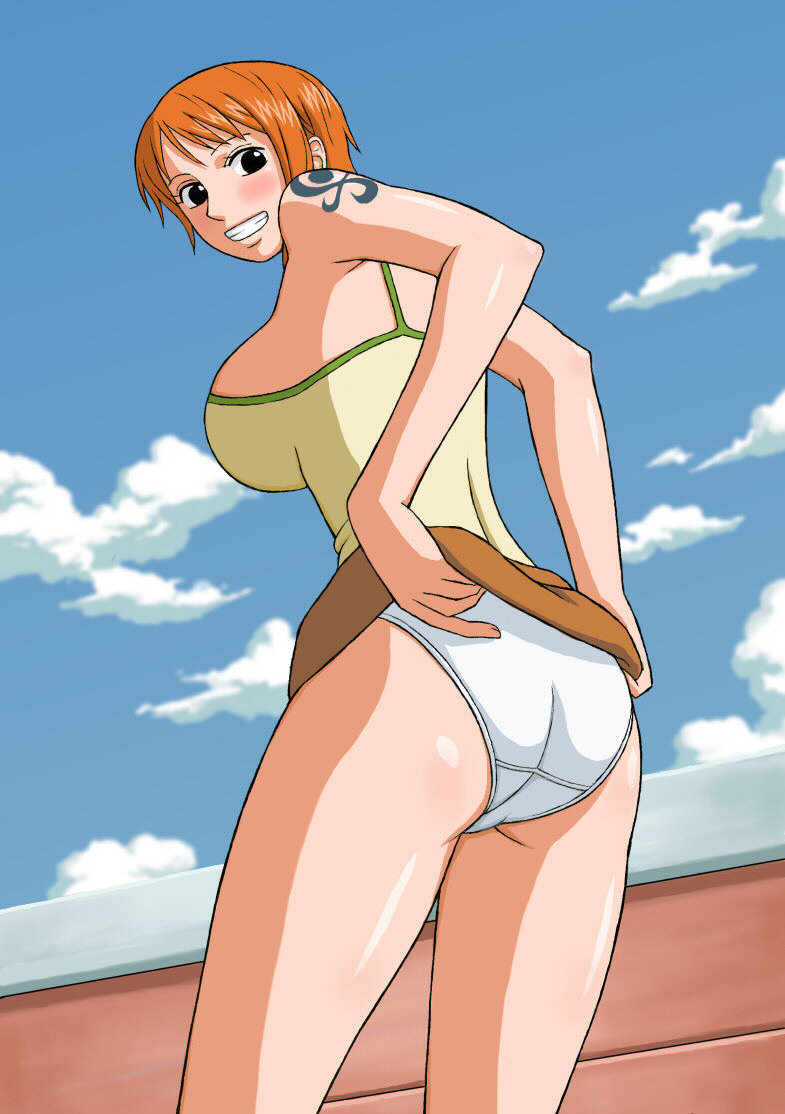 1girl ass big_breasts breasts clenched_teeth cloud going_merry_(ship) jaya large_breasts legs looking_back nami nami_(one_piece) one_piece orange_eyes orange_hair outdoors panties pantyshot pirate short_hair skirt skirt_lift sky smile solo standing straw_hat_pirates tank_top tattoo teeth thighs underwear white_panties x_bokkis