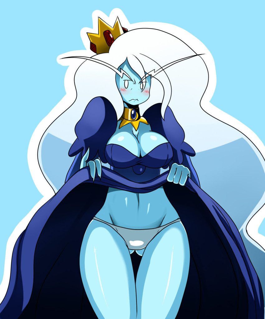 1girl adventure_time big_breasts blue_background blue_skin blush breasts cleavage crown curvy dress dress_lift eyebrows frown high_res ice_queen jewelry long_hair navel panties simple_background solo ss2_(artist) sssonic2 thigh_gap thighs underwear very_long_hair white_hair white_panties wide_hips
