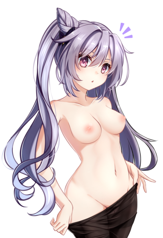 1girl 1girl 1girl bangs blush breasts chestnut_mouth clavicle cowboy_shot double_bun eyebrows_visible_through_hair genshin_impact keqing knine_(platinatelier) looking_at_viewer medium_breasts navel nipples nopan nude pantyhose pantyhose_pull purple_eyes purple_hair simple_background stomach tied_hair topless transparent_background twin_tails white_background