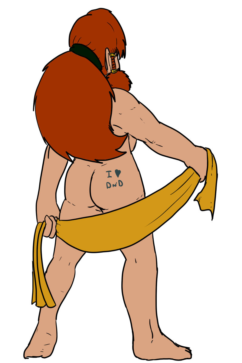 breasts dwarf female hair heart long_hair nude ponytail red_hair solo tattoo towel twin_tails