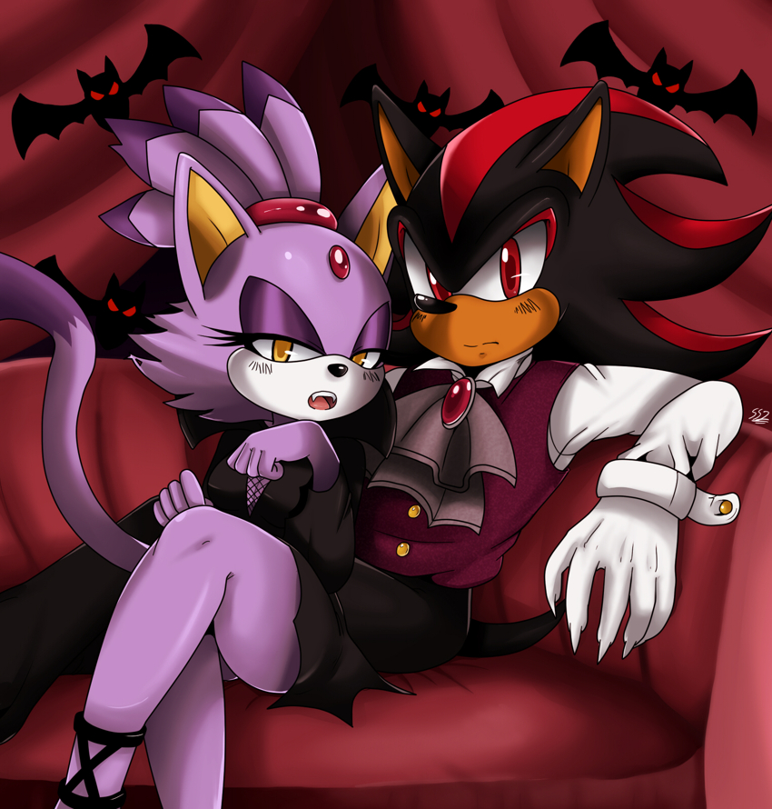 1boy 1girl bat blaze_the_cat chair claws couple eric_lowery gloves halloween red_eyes sega shadow_the_hedgehog sitting sonic_(series) sonic_team ss2_(artist) sssonic2 tail yellow_eyes