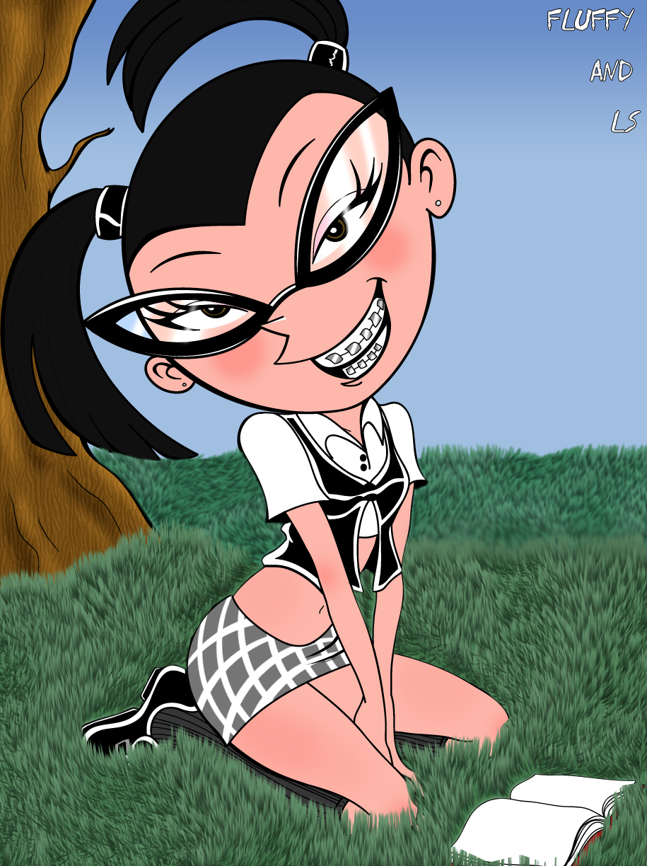black_hair blouse blush braces brown_eyes ear_piercing fluffy_(artist) glasses grass grin long_hair looking_at_viewer miniskirt navel nickelodeon outside pigtails school_shoes schoolgirl sexy stockings the_fairly_oddparents tootie tree vest