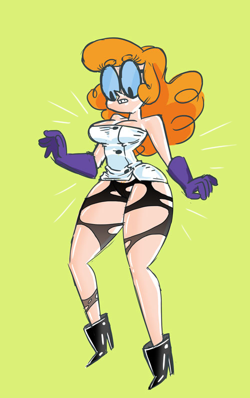 big_breasts black_eyes blush boots breasts cleavage dexter dexter's_laboratory embarrassing genderswap glasses gloves green_background long_hair looking_down nerd orange_hair shiny shiny_skin solo torn_clothes torn_clothing wardrobe_malfunction