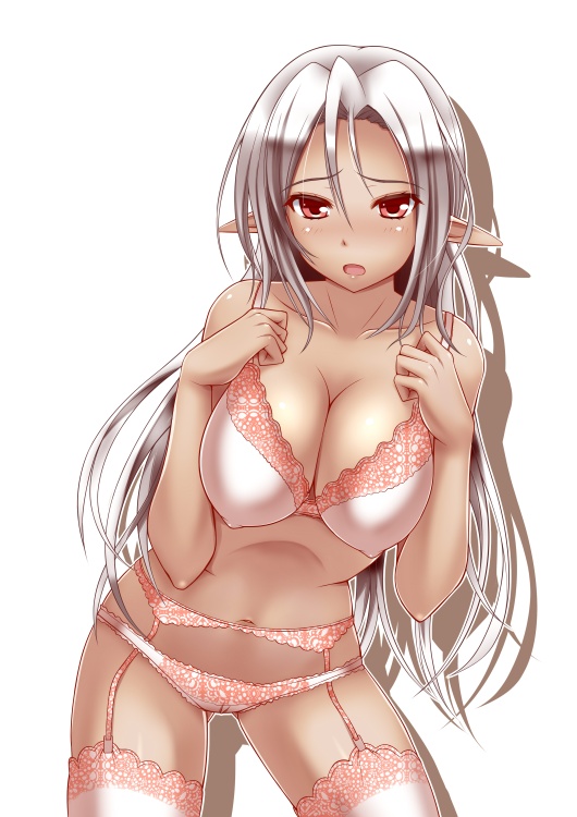 1girl big_breasts blush bra breasts cameltoe cleavage collarbone covered_nipples dark_skin elf erect_nipples garter_belt garter_straps kuurunaitsu lace lace-trimmed_bra lace-trimmed_panties lace-trimmed_thighhighs large_breasts lingerie long_hair navel open_mouth original panties pink_bra pink_legwear pink_panties pointy_ears red_eyes silver_hair simple_background solo stockings thighhighs underwear underwear_only white_background