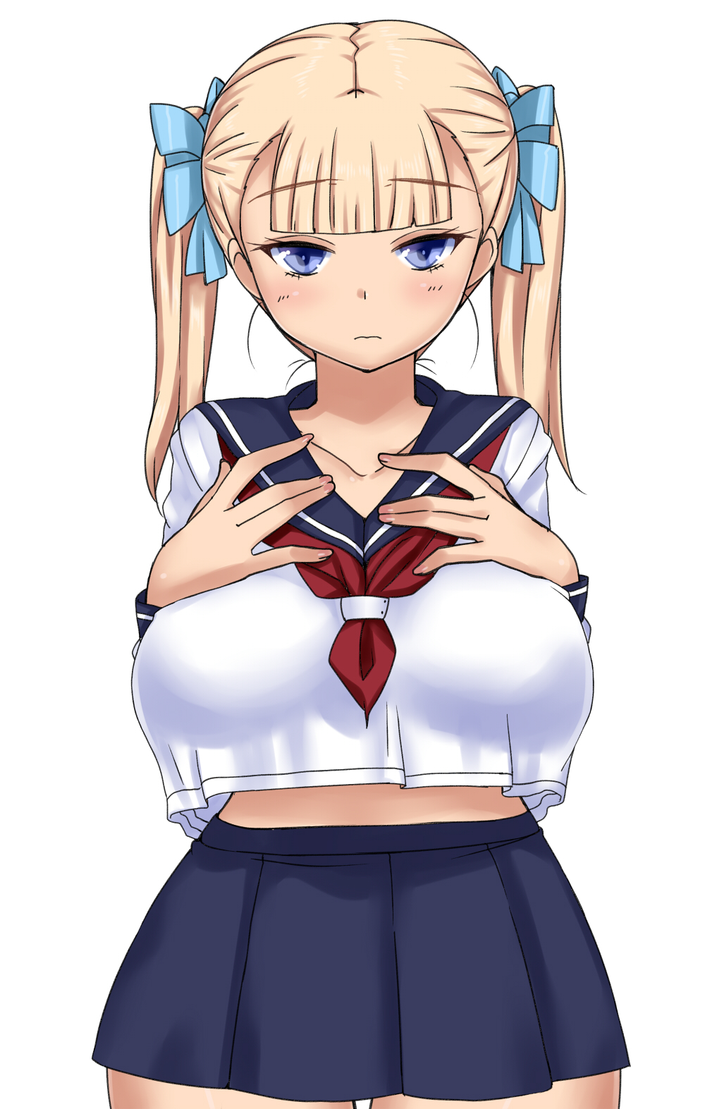 1girl big_breasts blonde_hair blue_eyes bow breast_suppress breasts hair_bow high_res highres large_breasts long_hair maru_(maruttona) original school_uniform serafuku simple_background skirt solo thigh_gap twin_tails twintails white_background wide_hips