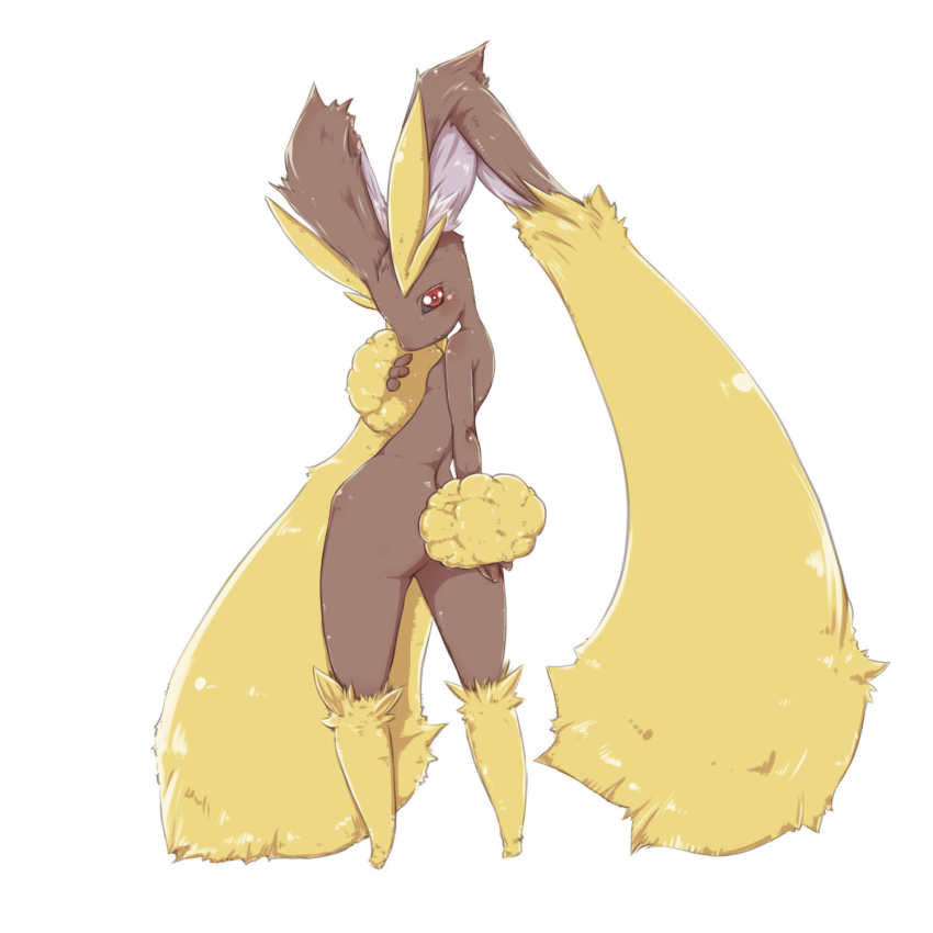 1girl animal_ears ass brown_hair bunny_ears eyebrows fur high_res lopunny pokemon pokemon_(game) red_eyes small_breasts solo thick_eyebrows warumono_tomii wide_hips