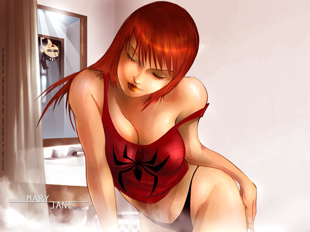 applegeeks bottomless mary_jane_watson panties red_hair shirt spider-man_(series)