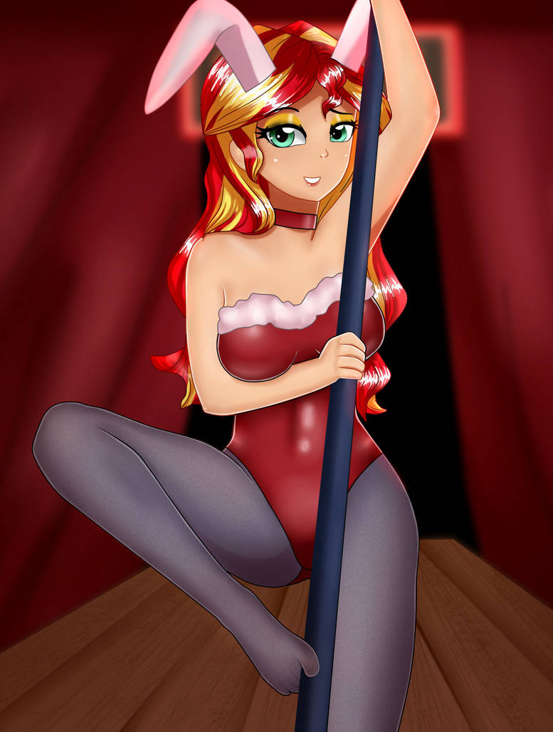 1girl bunny_ears choker equestria_girls female female_only friendship_is_magic leotard long_hair looking_at_viewer mostly_nude my_little_pony pole pole_dancing solo sunset_shimmer sunset_shimmer_(eg) tights